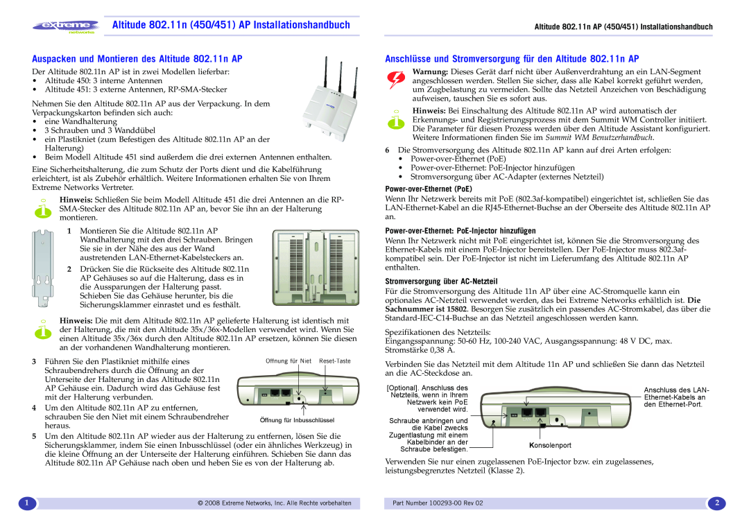 Extreme Networks Altitude 802.11n 450/451 AP Installationshandbuch, Auspacken und Montieren des Altitude 802.11n AP 