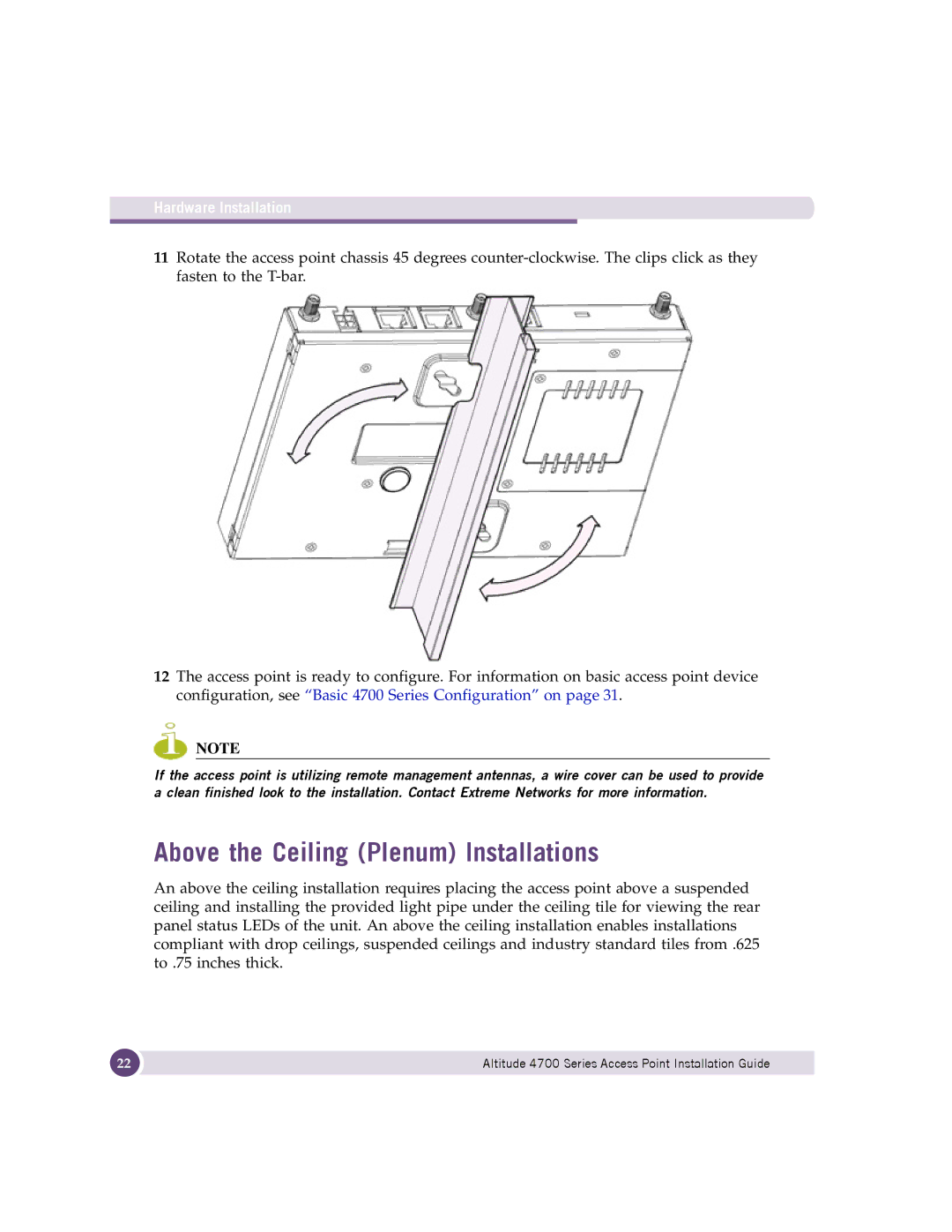 Extreme Networks 4700 manual Above the Ceiling Plenum Installations 