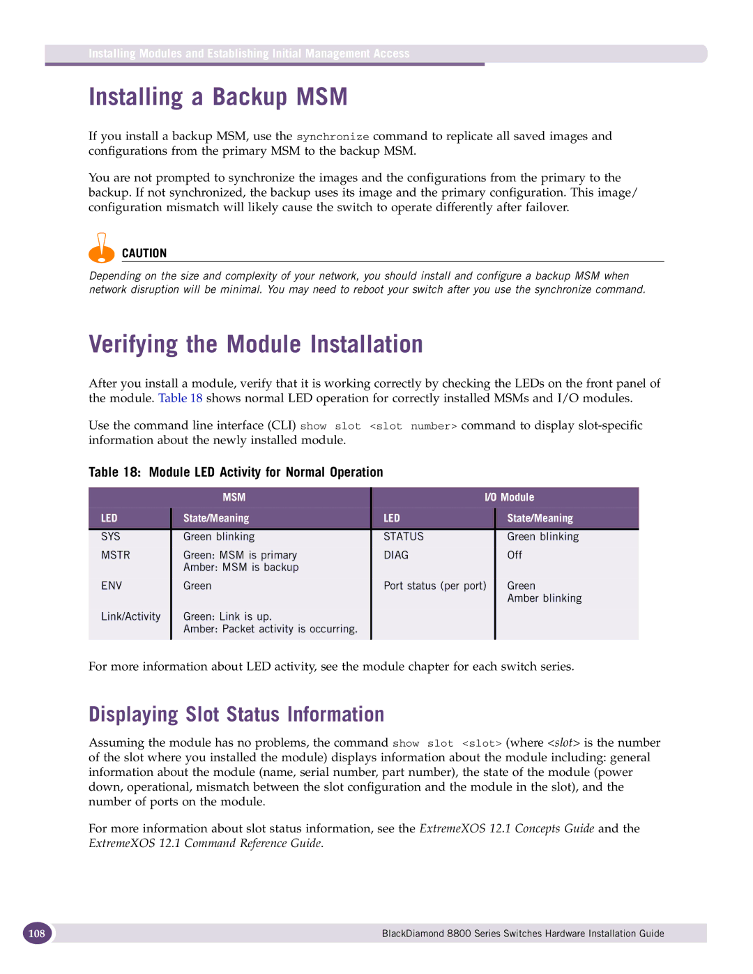 Extreme Networks 8800 Series manual Installing a Backup MSM, Verifying the Module Installation 