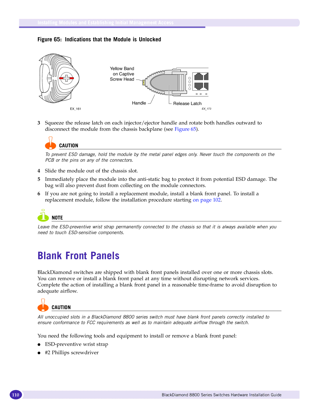 Extreme Networks 8800 Series manual Blank Front Panels, Indications that the Module is Unlocked 