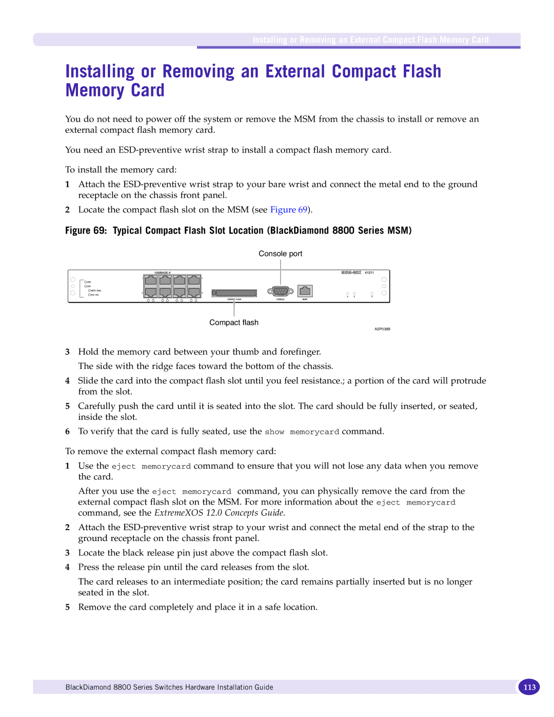 Extreme Networks 8800 Series manual Installing or Removing an External Compact Flash Memory Card 