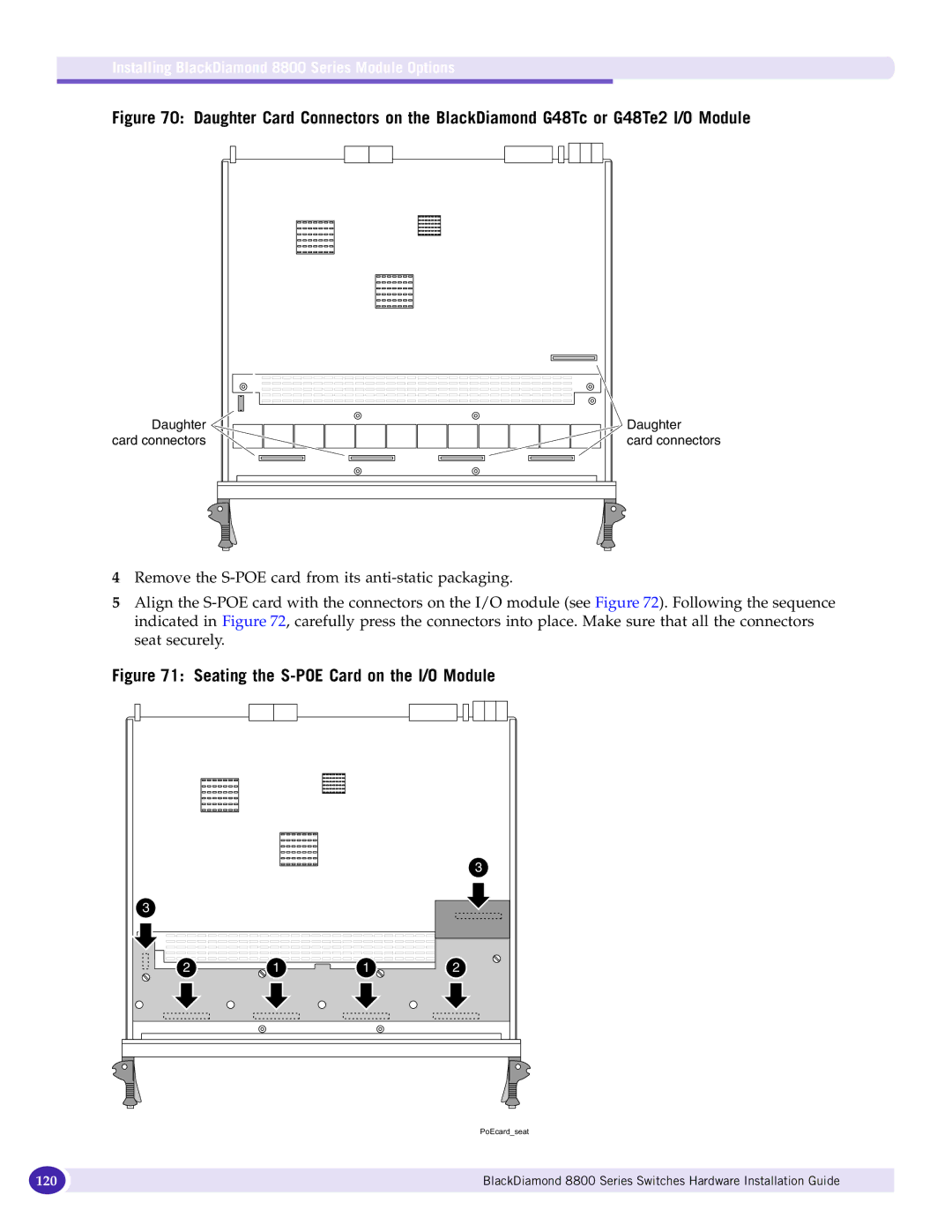 Extreme Networks manual Seating the S-POE Card on the I/O Module, Installing BlackDiamond 8800 Series Module Options 