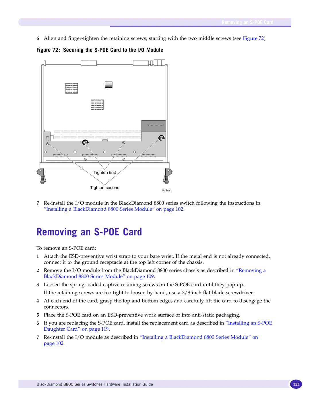 Extreme Networks 8800 Series manual Removing an S-POE Card 