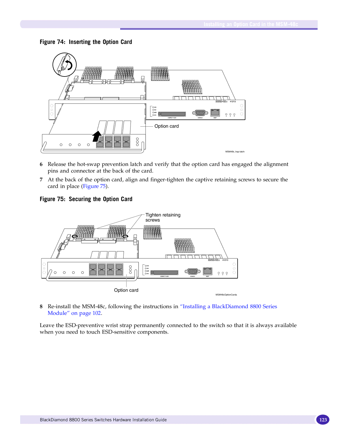 Extreme Networks 8800 Series manual Inserting the Option Card, Installing an Option Card in the MSM-48c 