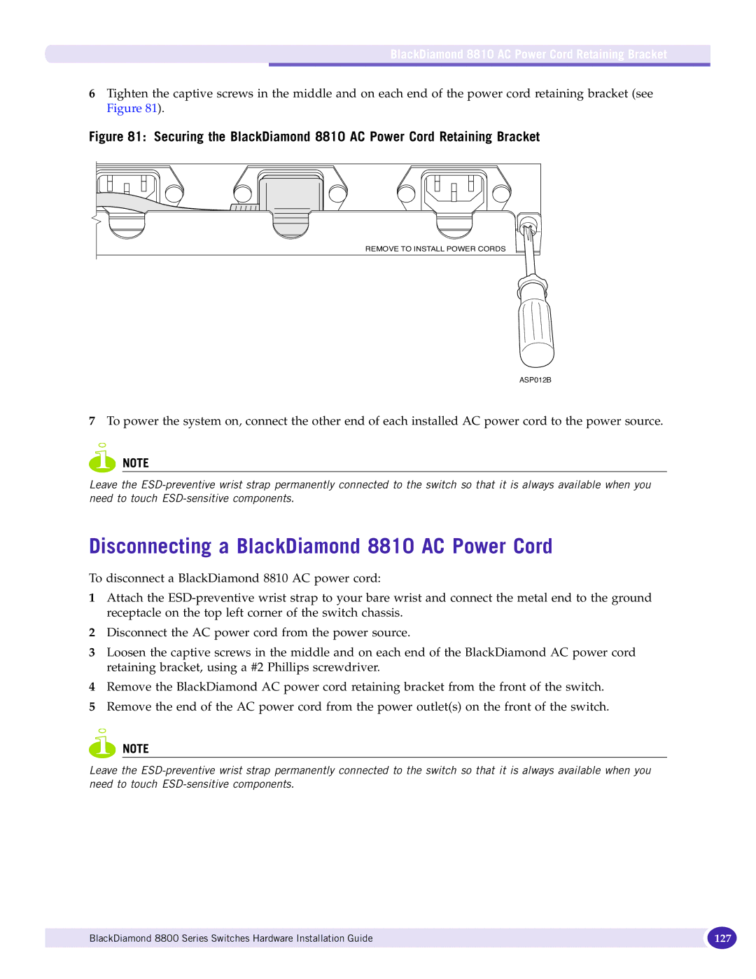 Extreme Networks 8800 Series manual Disconnecting a BlackDiamond 8810 AC Power Cord 