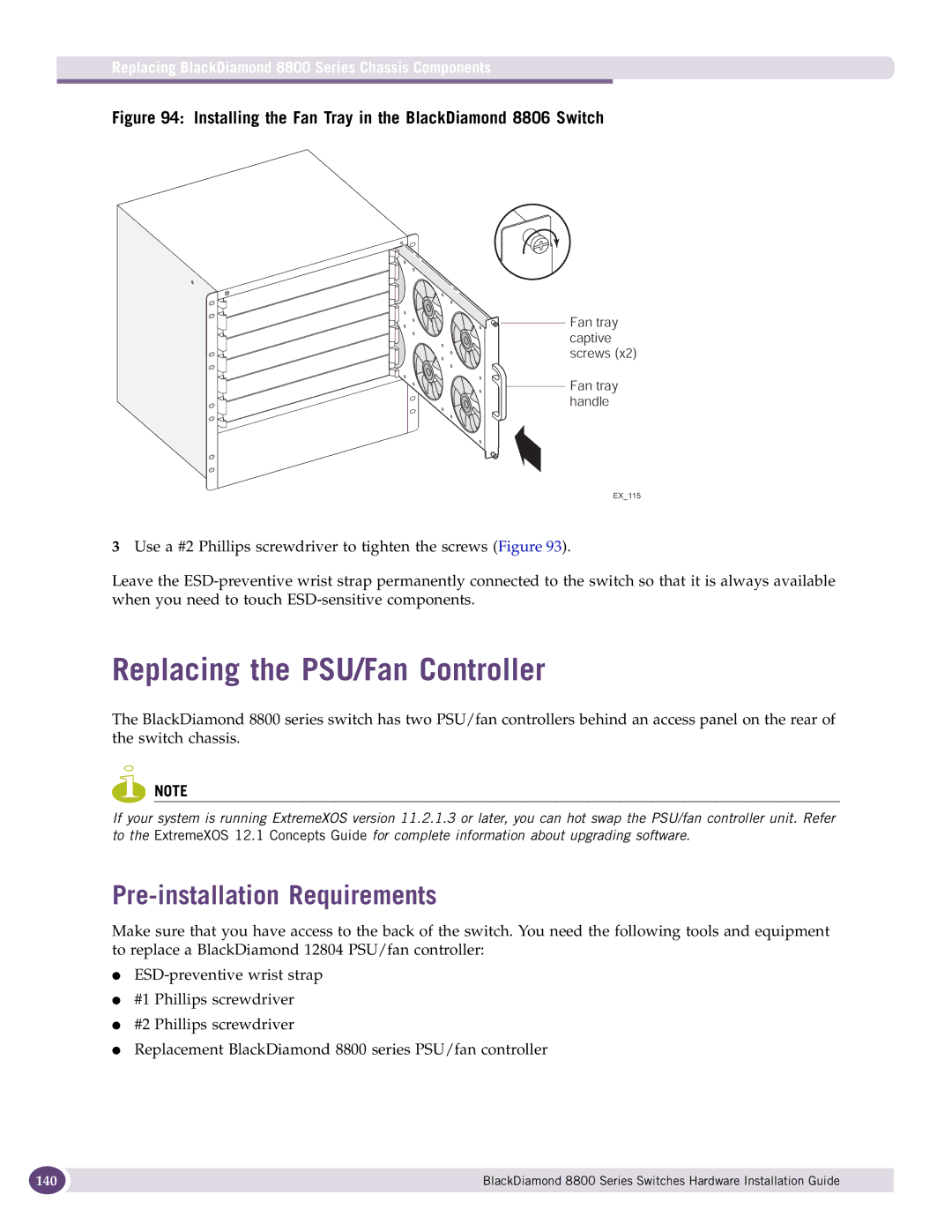 Extreme Networks 8800 Series Replacing the PSU/Fan Controller, Installing the Fan Tray in the BlackDiamond 8806 Switch 