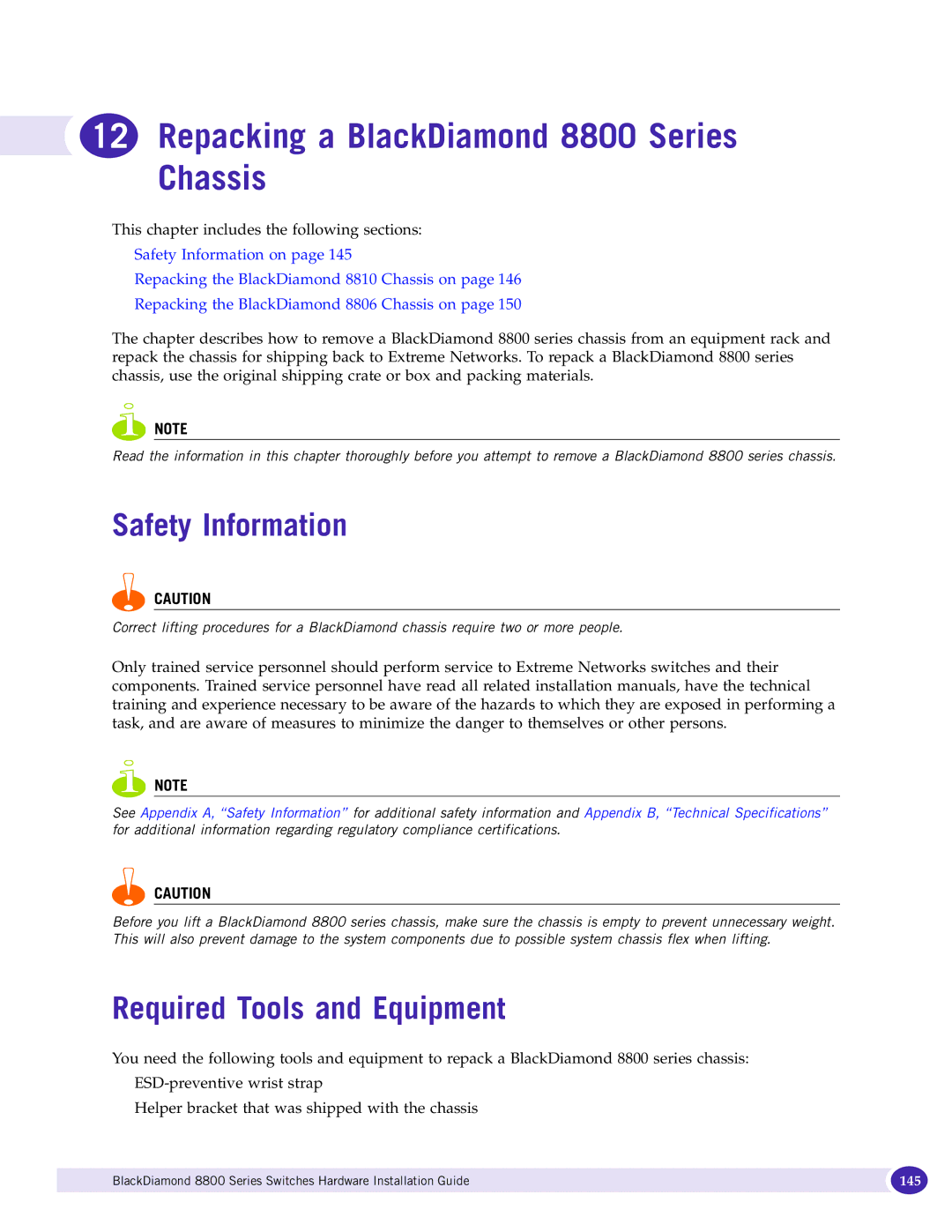 Extreme Networks manual Repacking a BlackDiamond 8800 Series Chassis, Safety Information, Required Tools and Equipment 