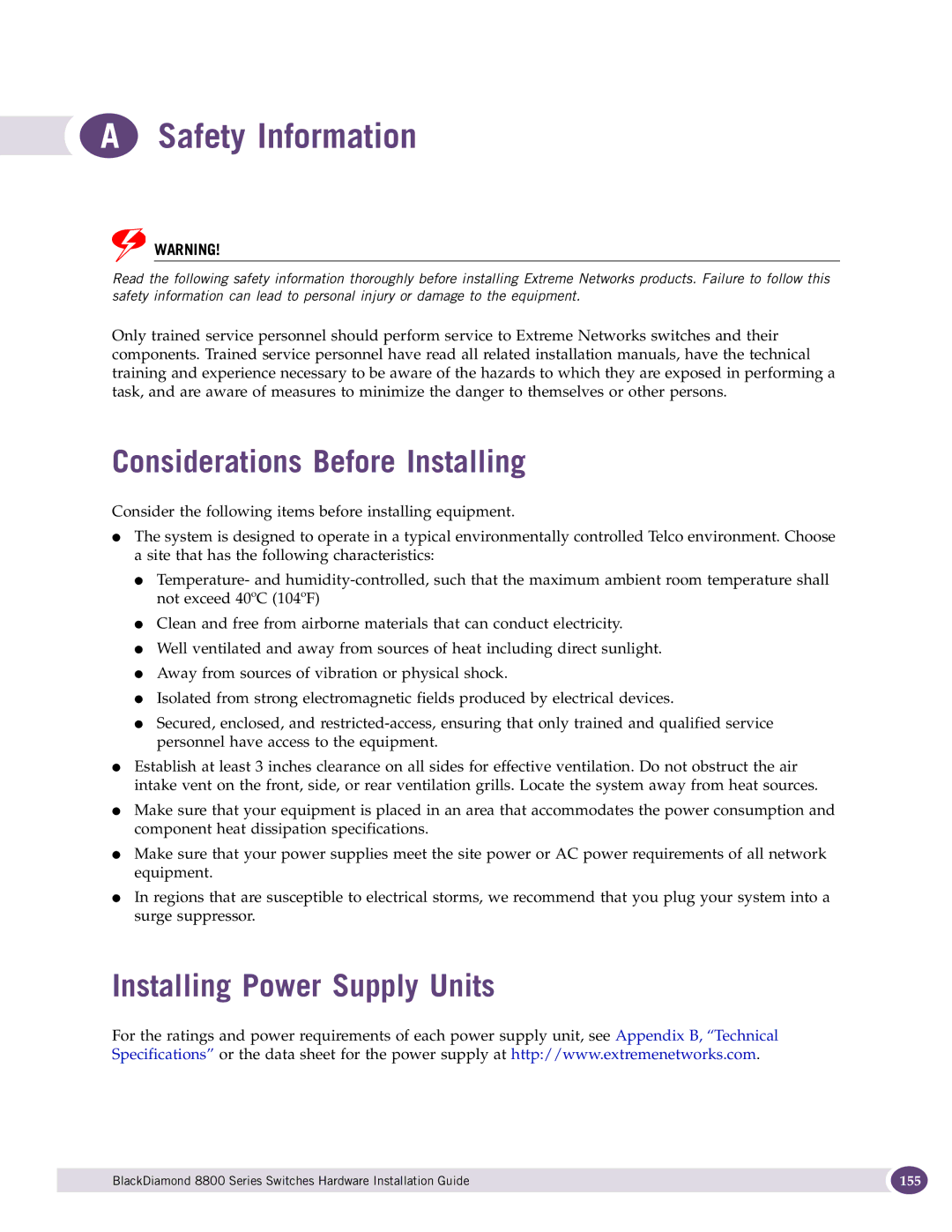 Extreme Networks 8800 Series manual Safety Information, Considerations Before Installing, Installing Power Supply Units 