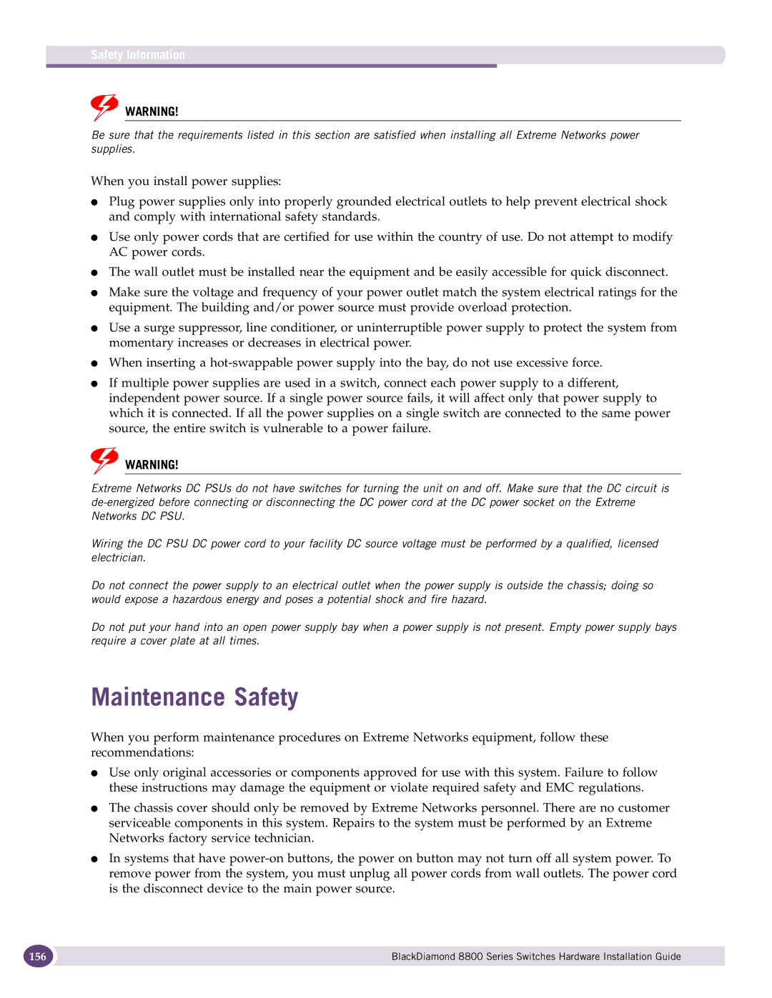 Extreme Networks 8800 Series manual Maintenance Safety, Safety Information 