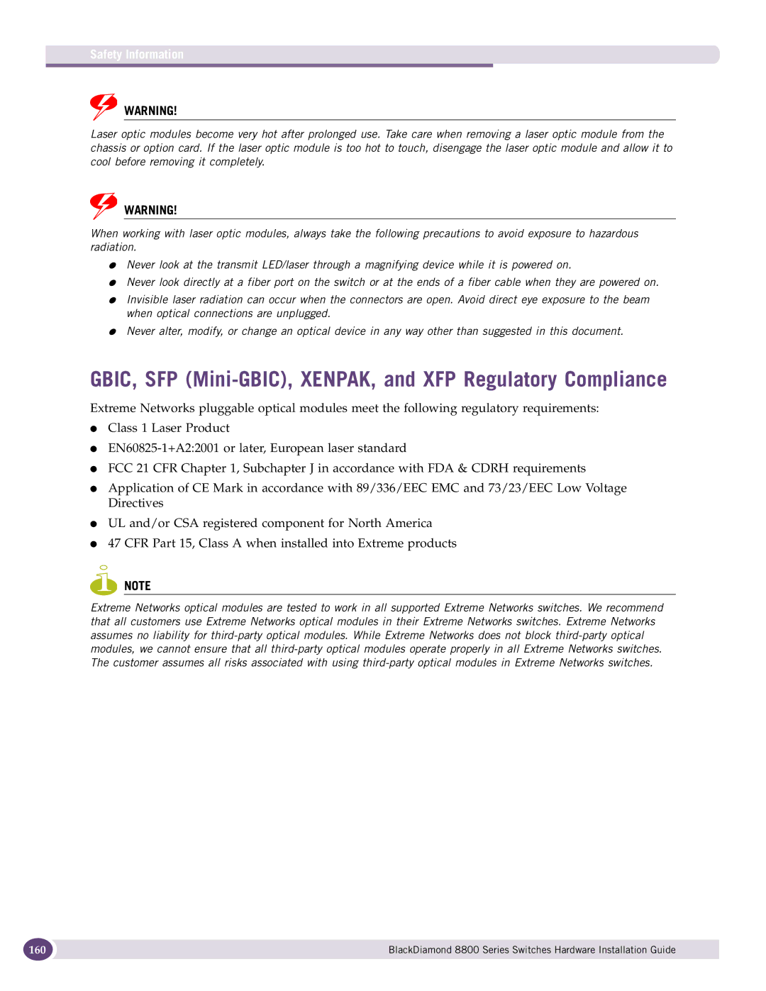 Extreme Networks 8800 Series manual GBIC, SFP Mini-GBIC, XENPAK, and XFP Regulatory Compliance 