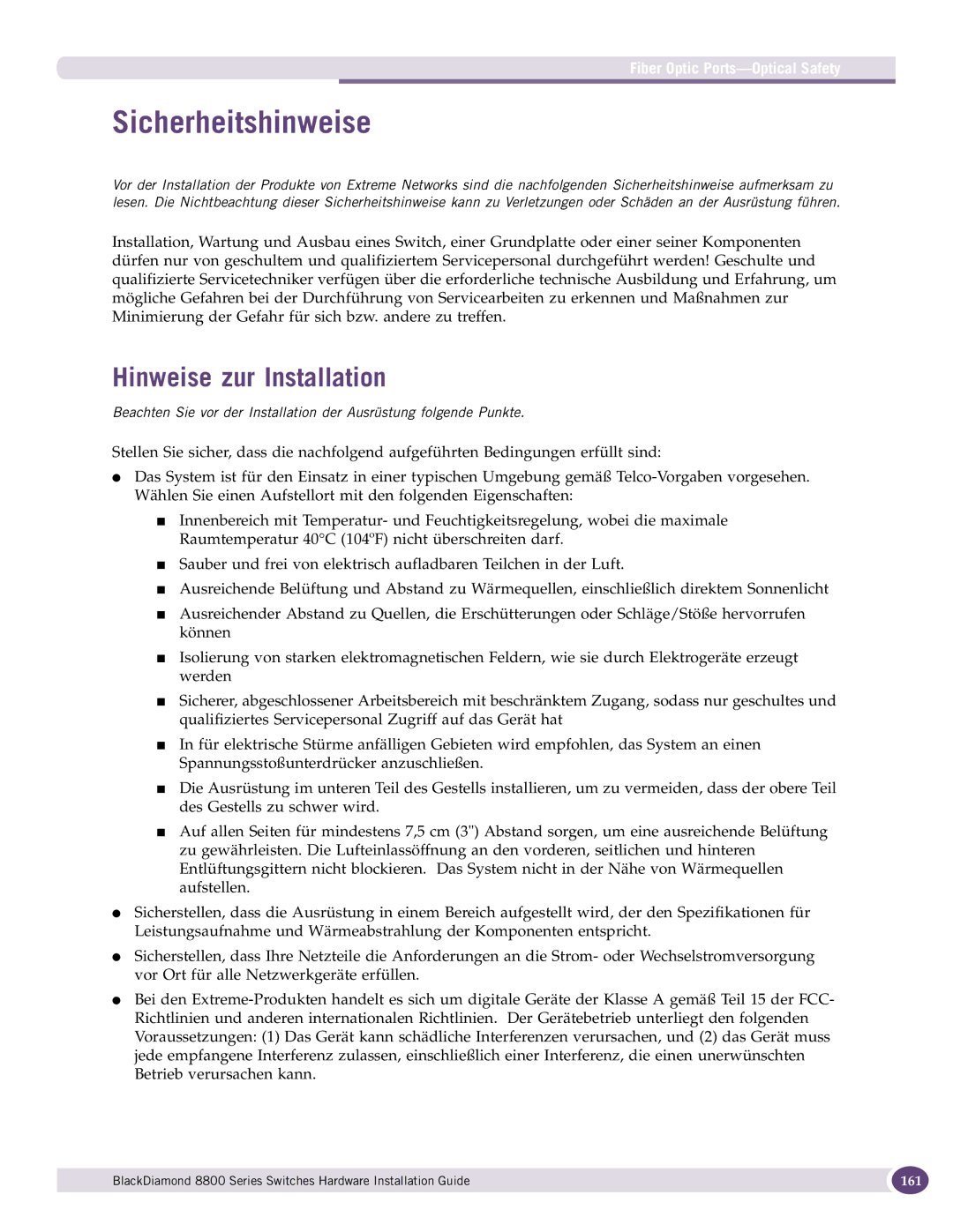 Extreme Networks 8800 Series manual Sicherheitshinweise, Hinweise zur Installation, Fiber Optic Ports-Optical Safety 