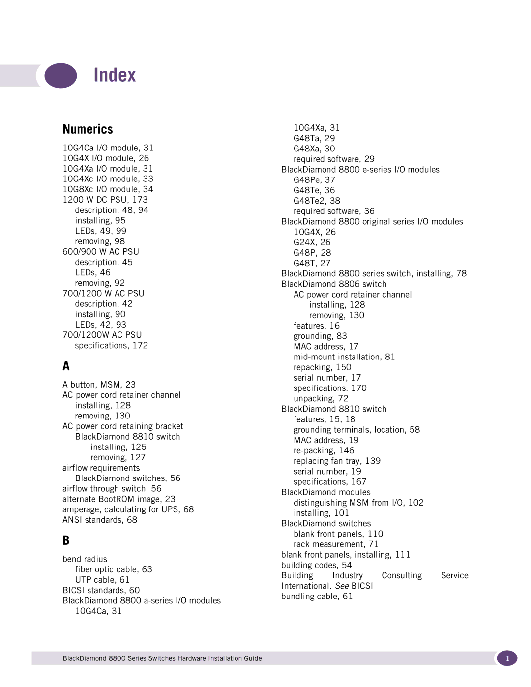 Extreme Networks 8800 Series manual Index, Numerics 