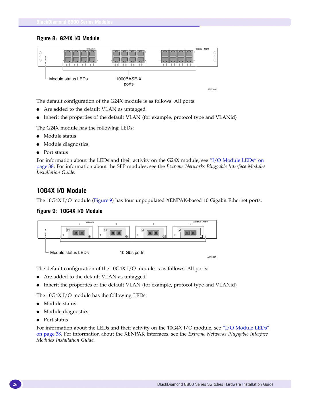 Extreme Networks 8800 Series manual 10G4X I/O Module, G24X I/O Module 