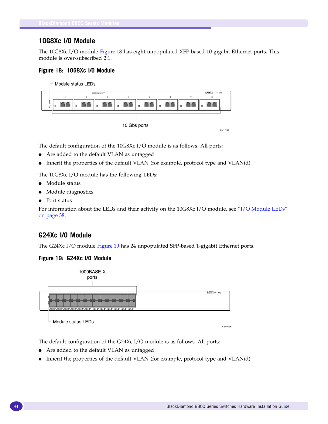 Extreme Networks 8800 Series manual 10G8Xc I/O Module, G24Xc I/O Module 