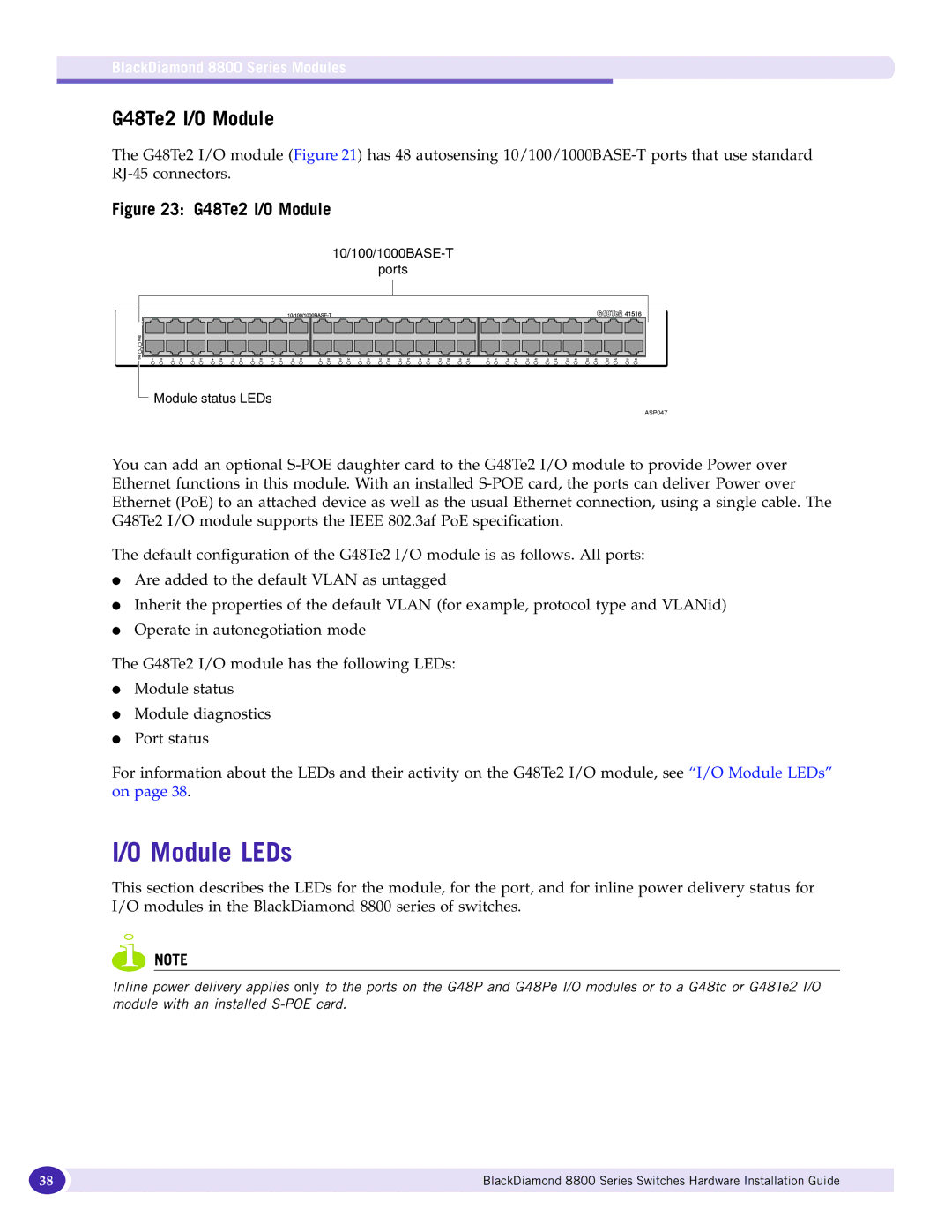 Extreme Networks 8800 Series manual Module LEDs, G48Te2 I/O Module 