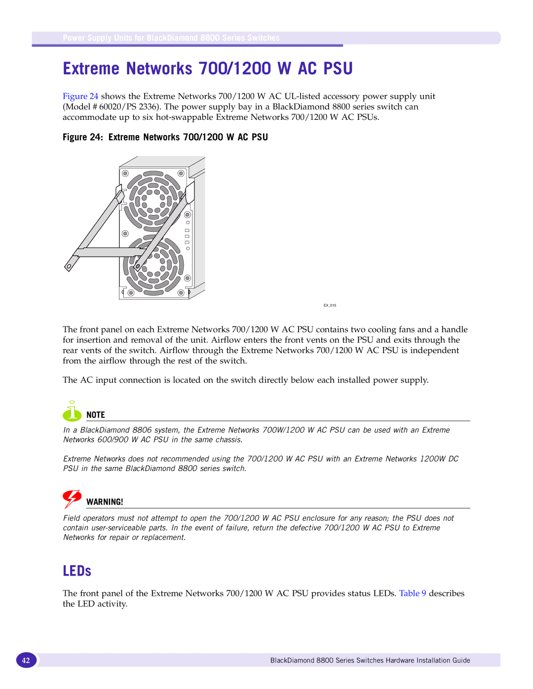 Extreme Networks 8800 Series manual Extreme Networks 700/1200 W AC PSU, LEDs 