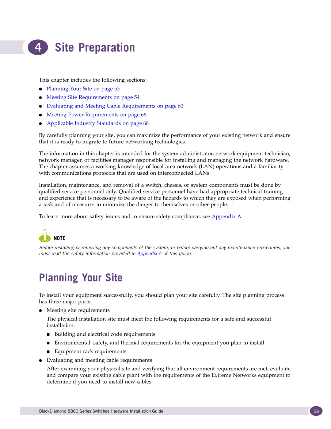 Extreme Networks 8800 Series manual Site Preparation, Planning Your Site 