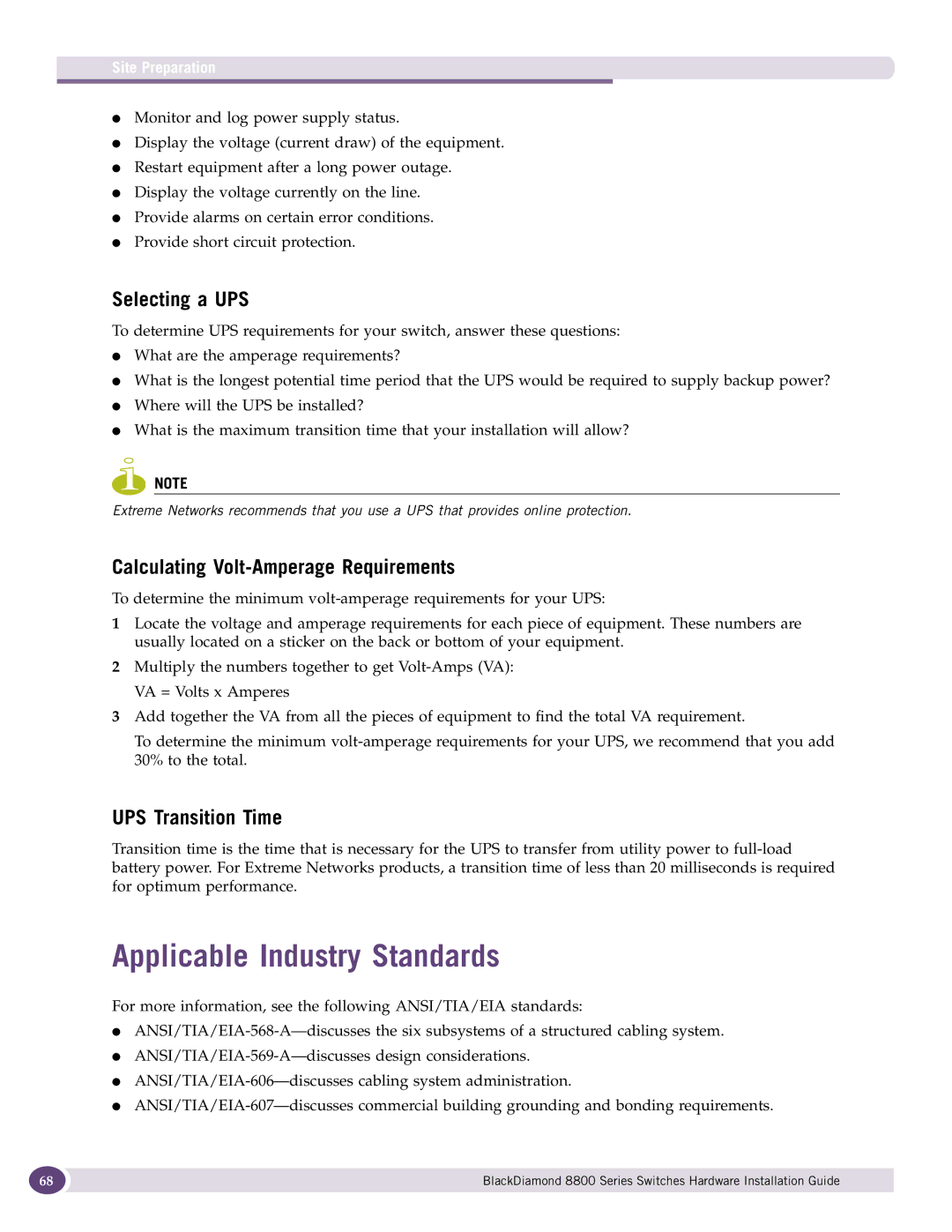 Extreme Networks 8800 Series manual Applicable Industry Standards, Selecting a UPS, Calculating Volt-Amperage Requirements 