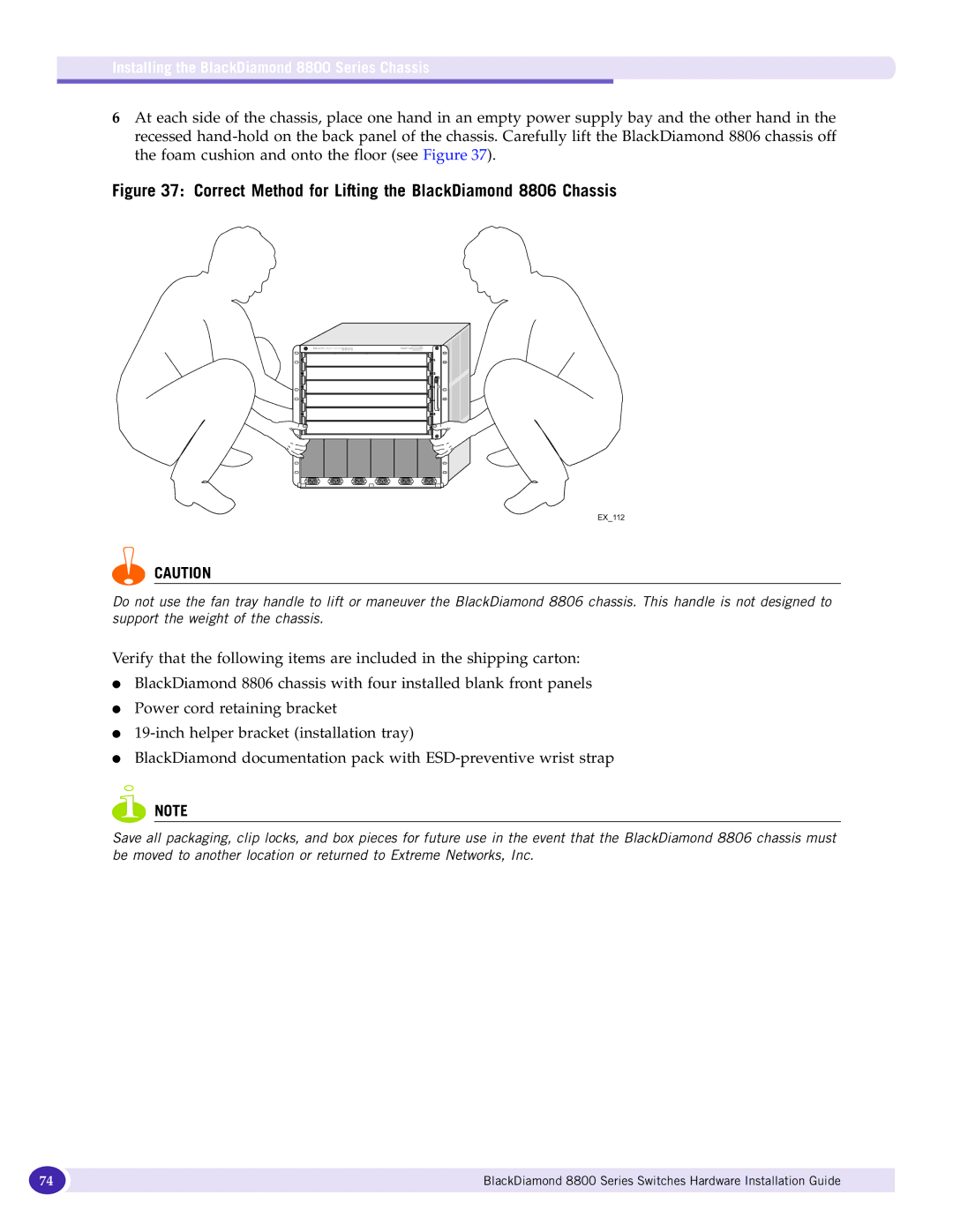 Extreme Networks 8800 Series manual Correct Method for Lifting the BlackDiamond 8806 Chassis 