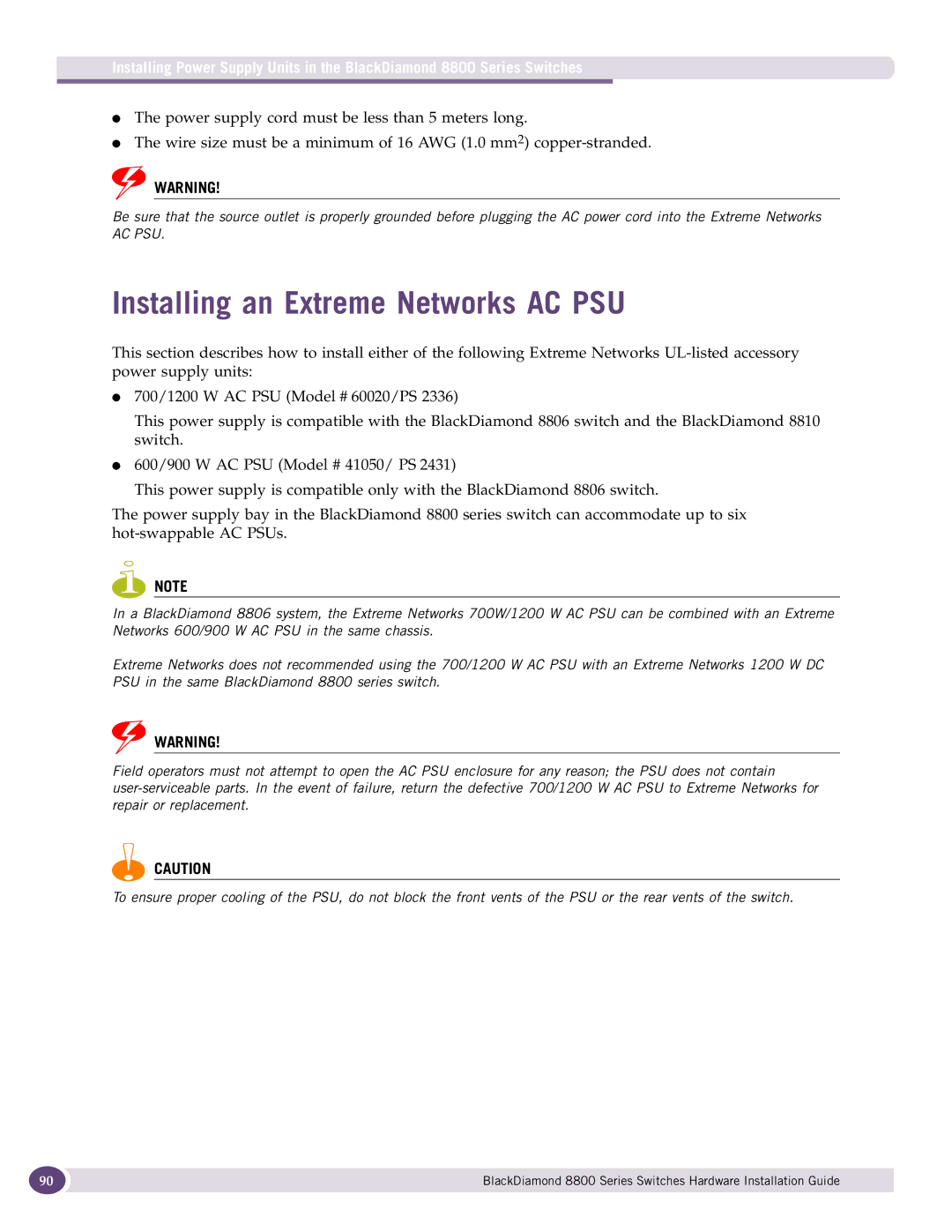 Extreme Networks 8800 Series manual Installing an Extreme Networks AC PSU 