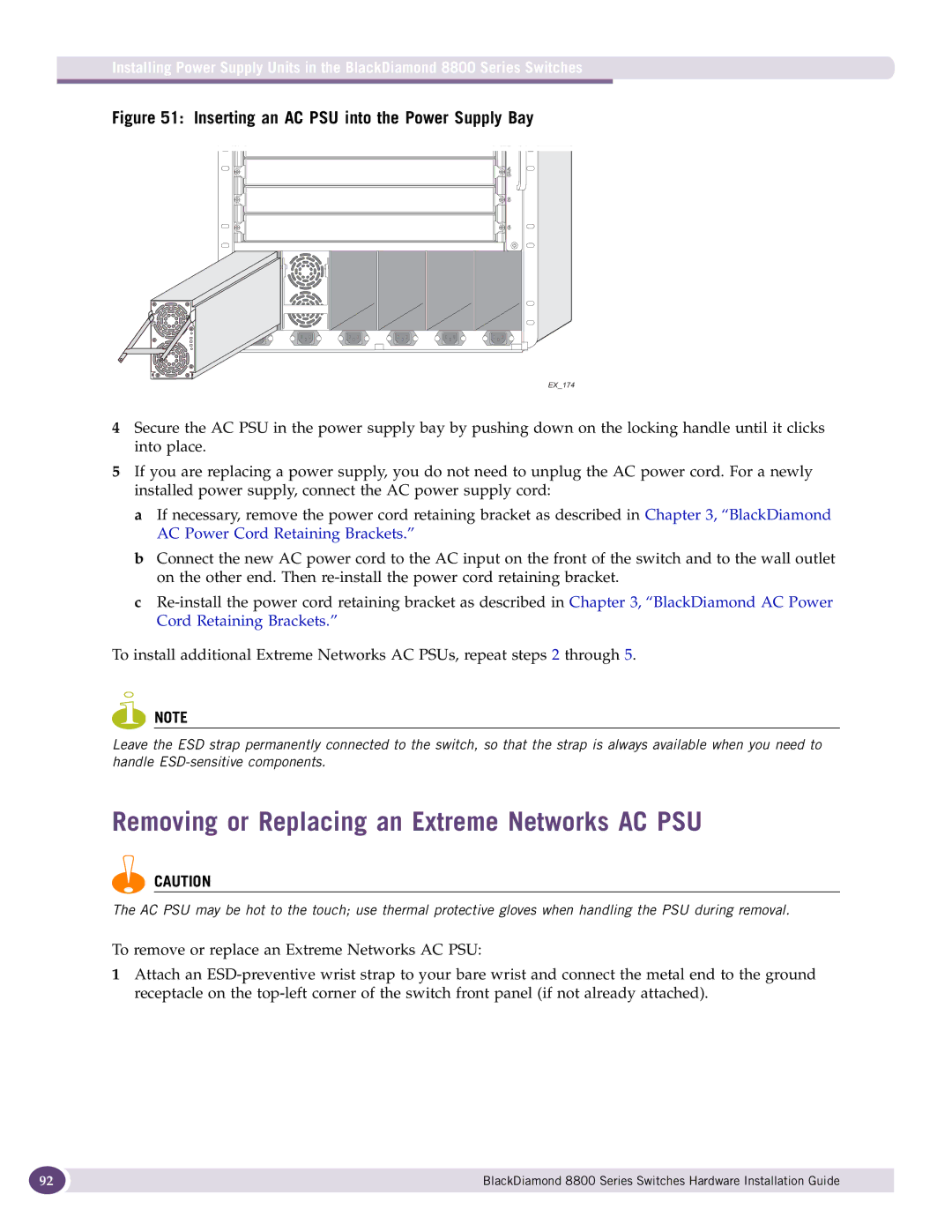 Extreme Networks 8800 Series manual Removing or Replacing an Extreme Networks AC PSU 