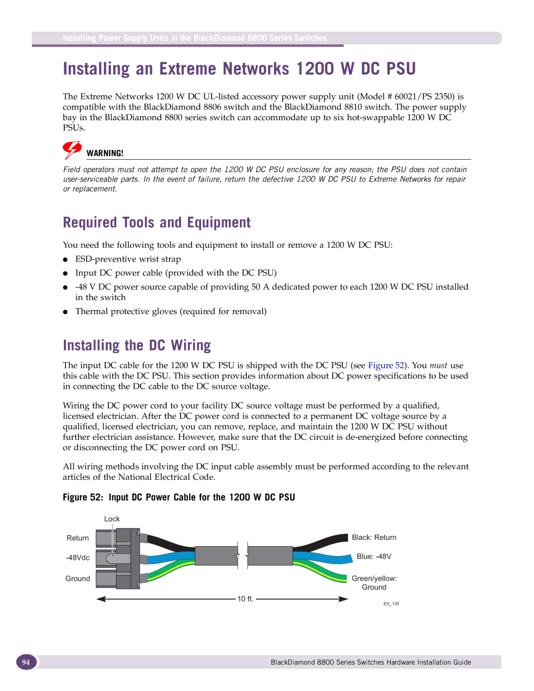 Extreme Networks 8800 Series manual Installing an Extreme Networks 1200 W DC PSU, Installing the DC Wiring 