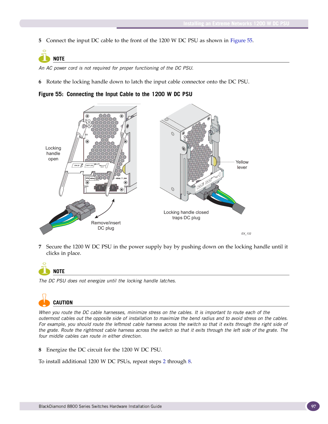 Extreme Networks 8800 Series manual Connecting the Input Cable to the 1200 W DC PSU 