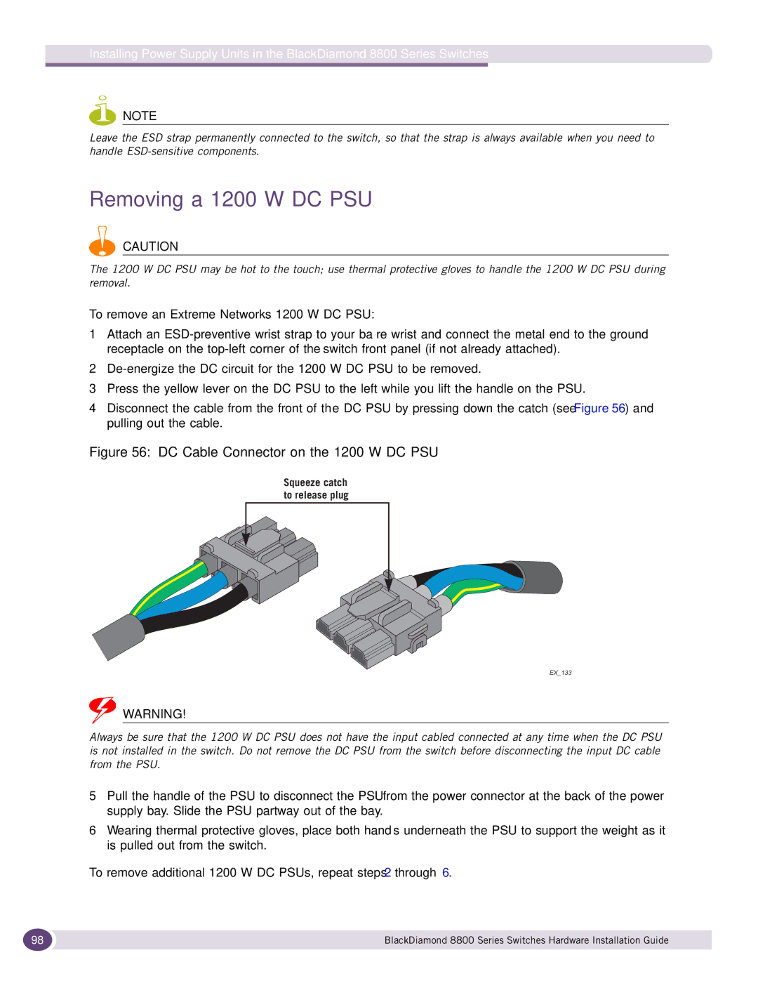 Extreme Networks 8800 Series manual Removing a 1200 W DC PSU, DC Cable Connector on the 1200 W DC PSU 