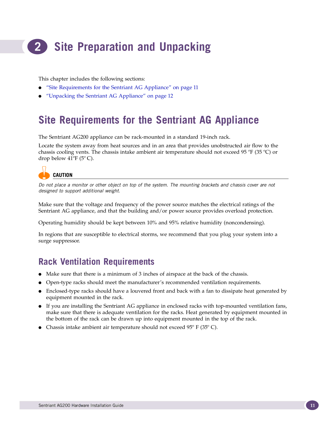 Extreme Networks AG200 manual Site Preparation and Unpacking, Site Requirements for the Sentriant AG Appliance 