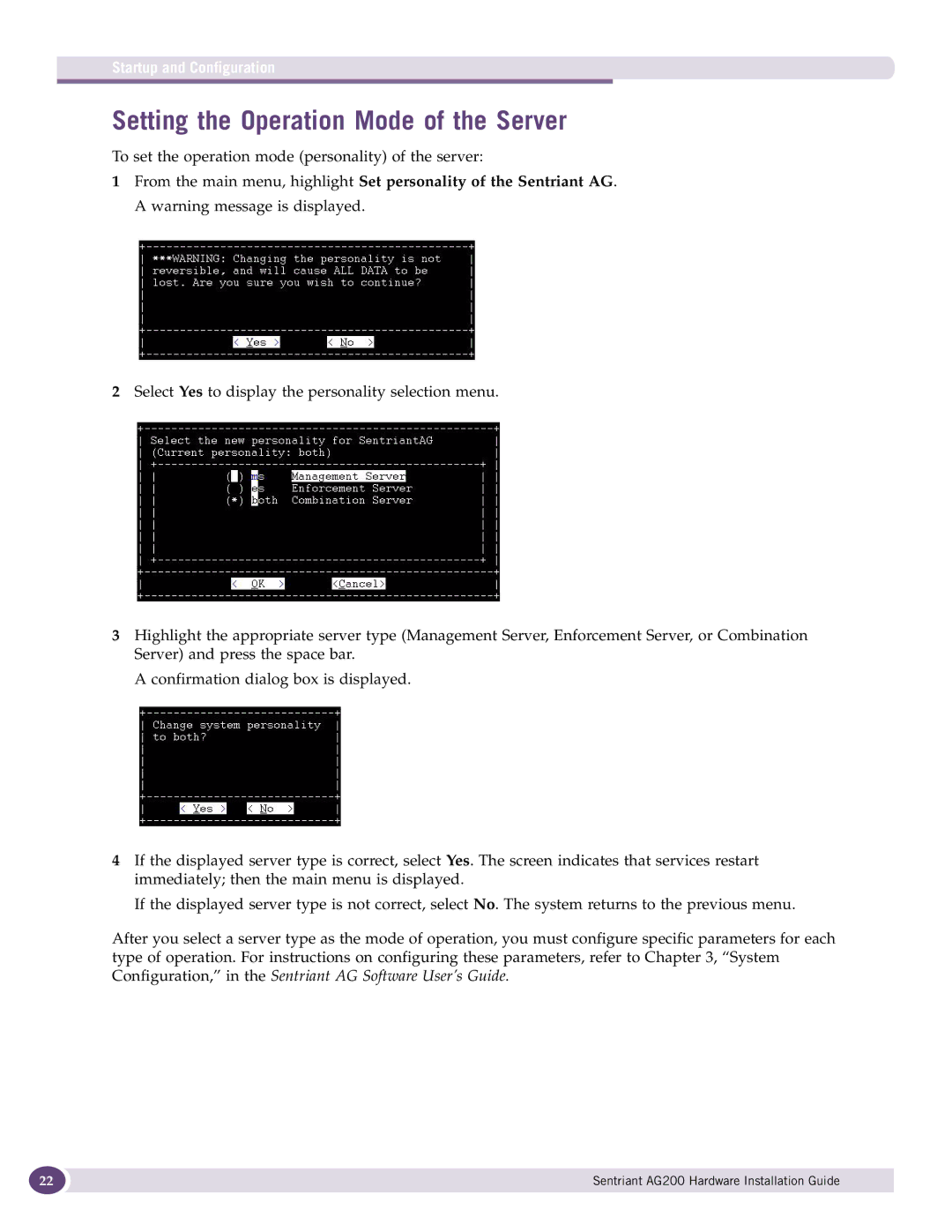 Extreme Networks AG200 manual Setting the Operation Mode of the Server 