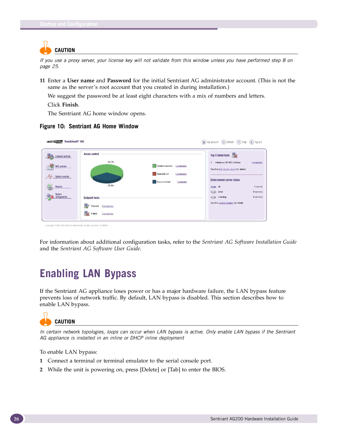 Extreme Networks AG200 manual Enabling LAN Bypass, Sentriant AG Home Window 