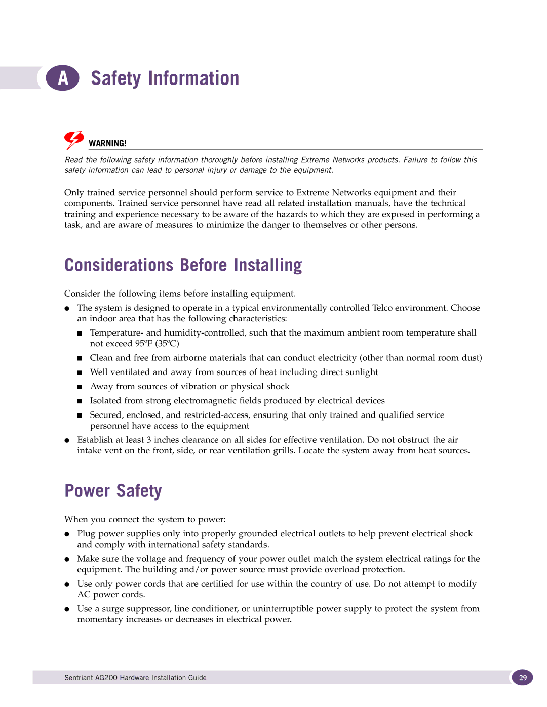 Extreme Networks AG200 manual Safety Information, Considerations Before Installing, Power Safety 