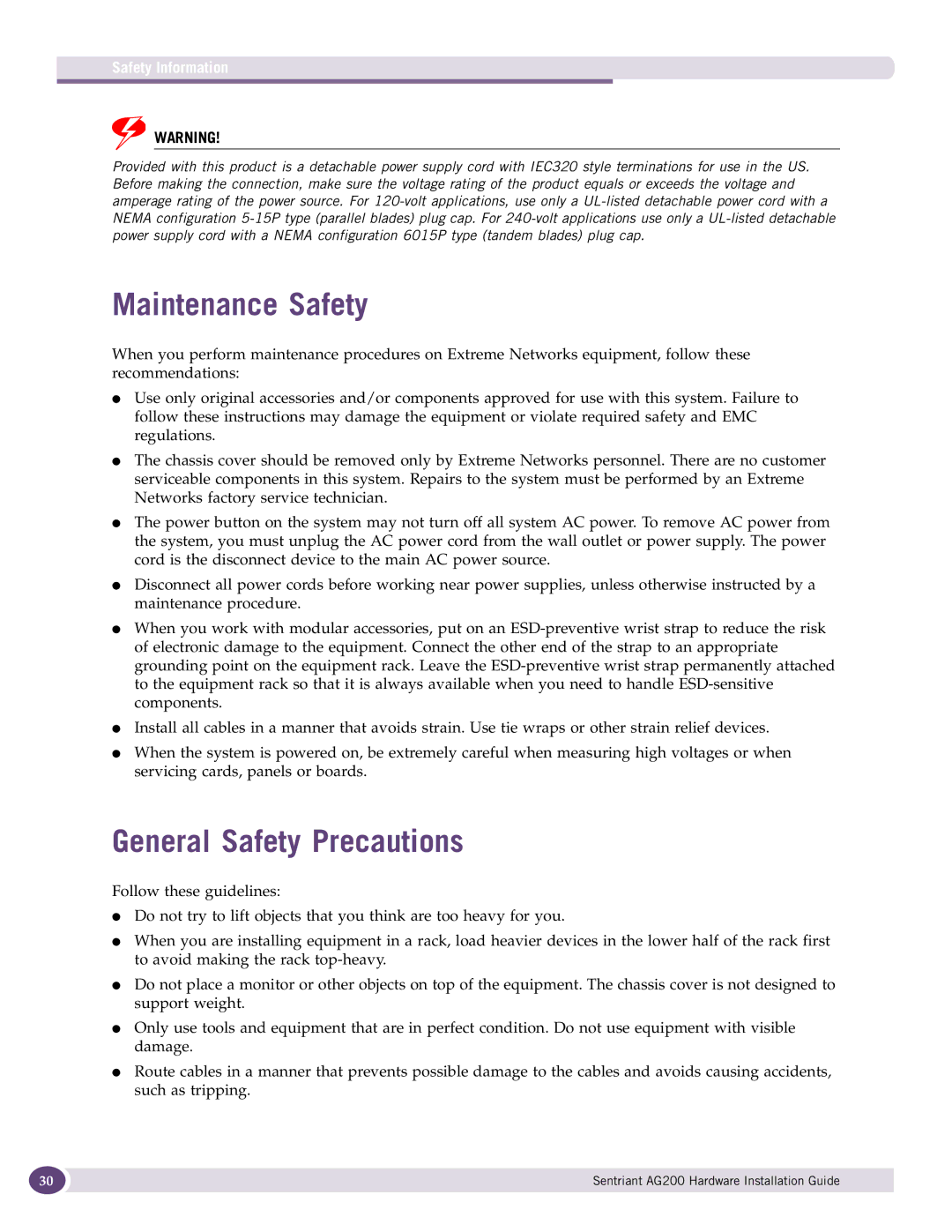 Extreme Networks AG200 manual Maintenance Safety, General Safety Precautions 