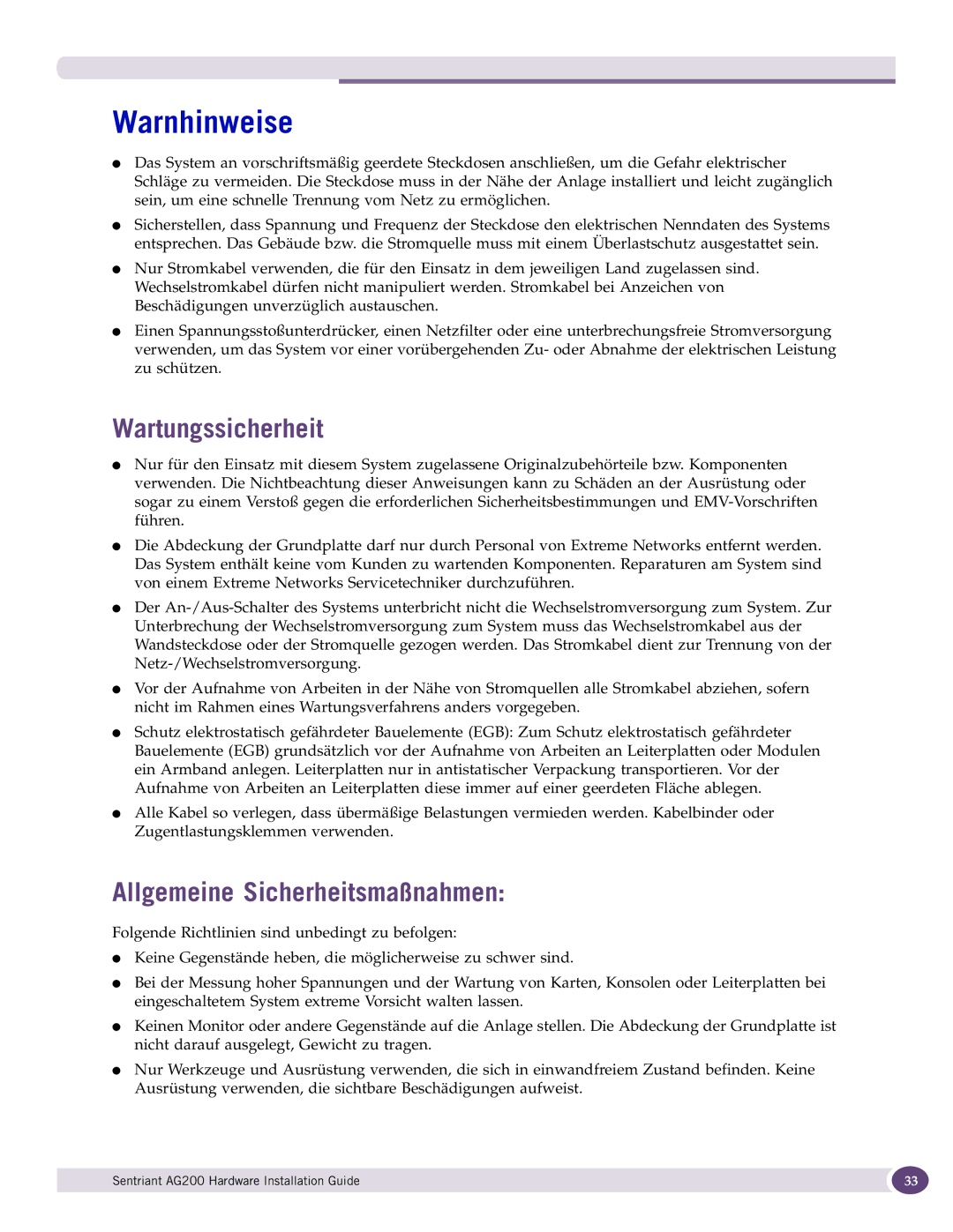 Extreme Networks AG200 manual Wartungssicherheit, Allgemeine Sicherheitsmaßnahmen 