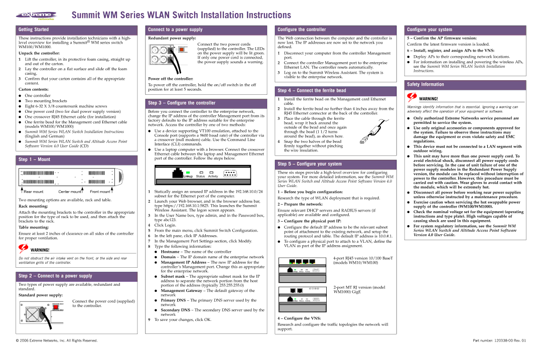 Extreme Networks Summit WM Series installation instructions Getting Started, Mount, Connect to a power supply 