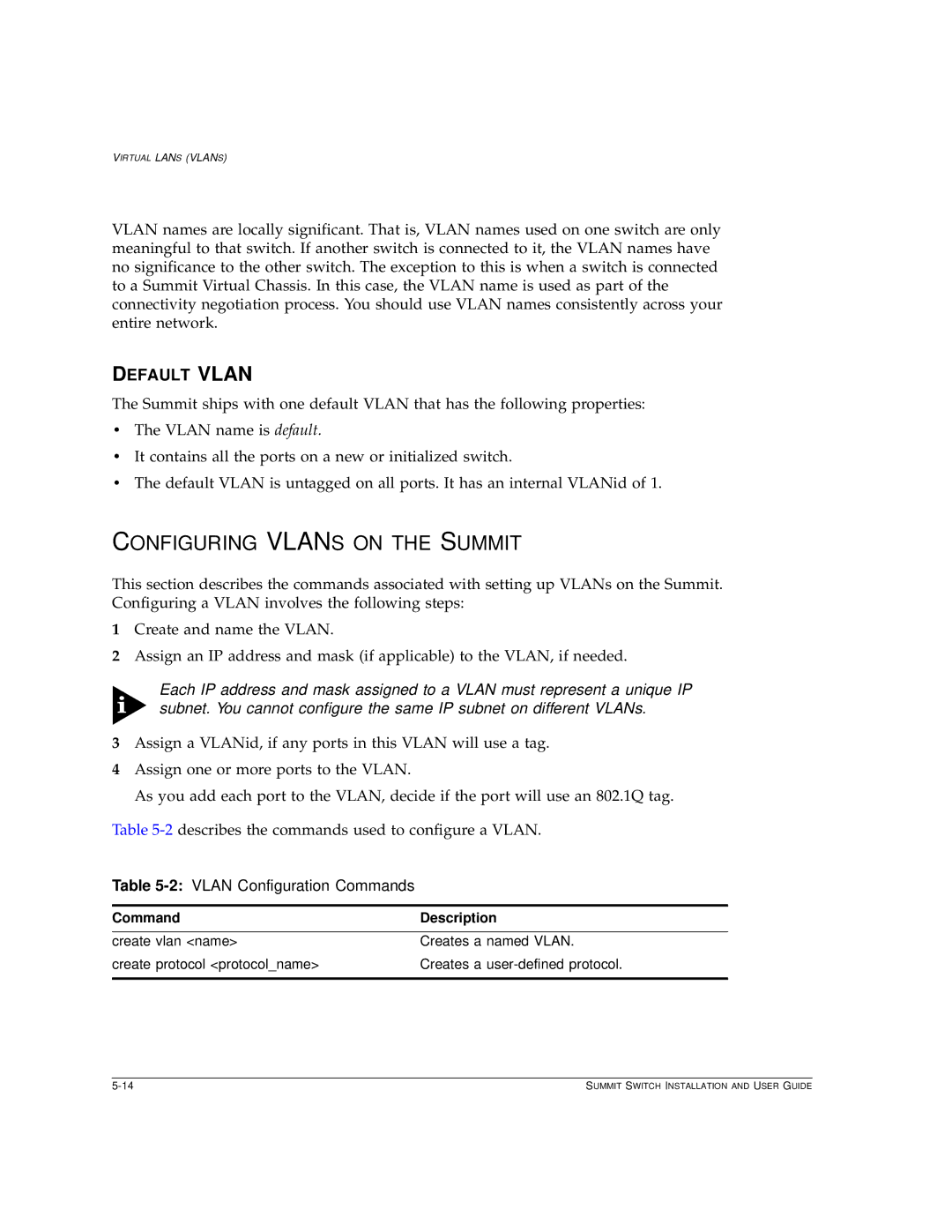 Extreme Networks Summit1 manual Configuring Vlans on the Summit, Default Vlan, 2VLAN Configuration Commands 