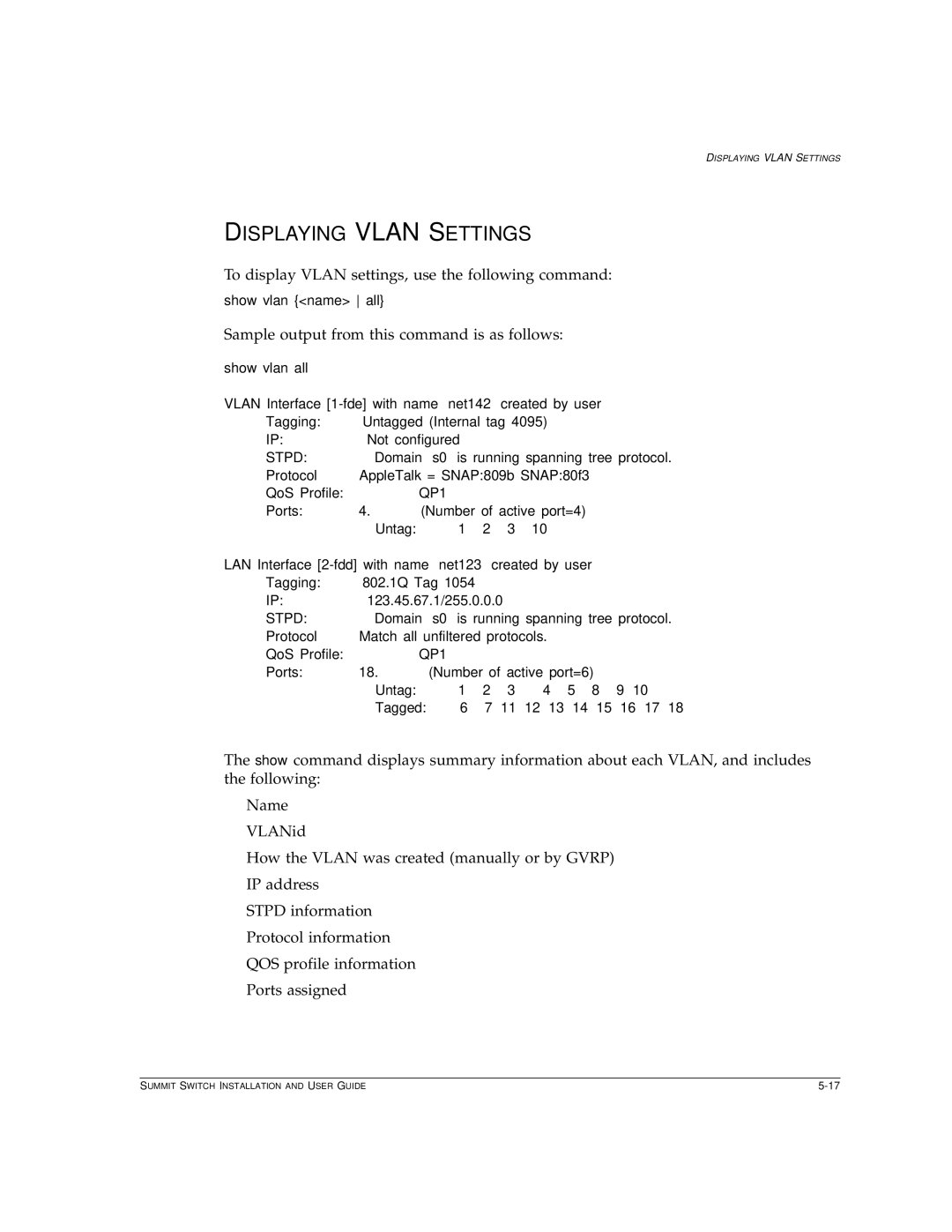 Extreme Networks Summit1 manual Displaying Vlan Settings, Sample output from this command is as follows 