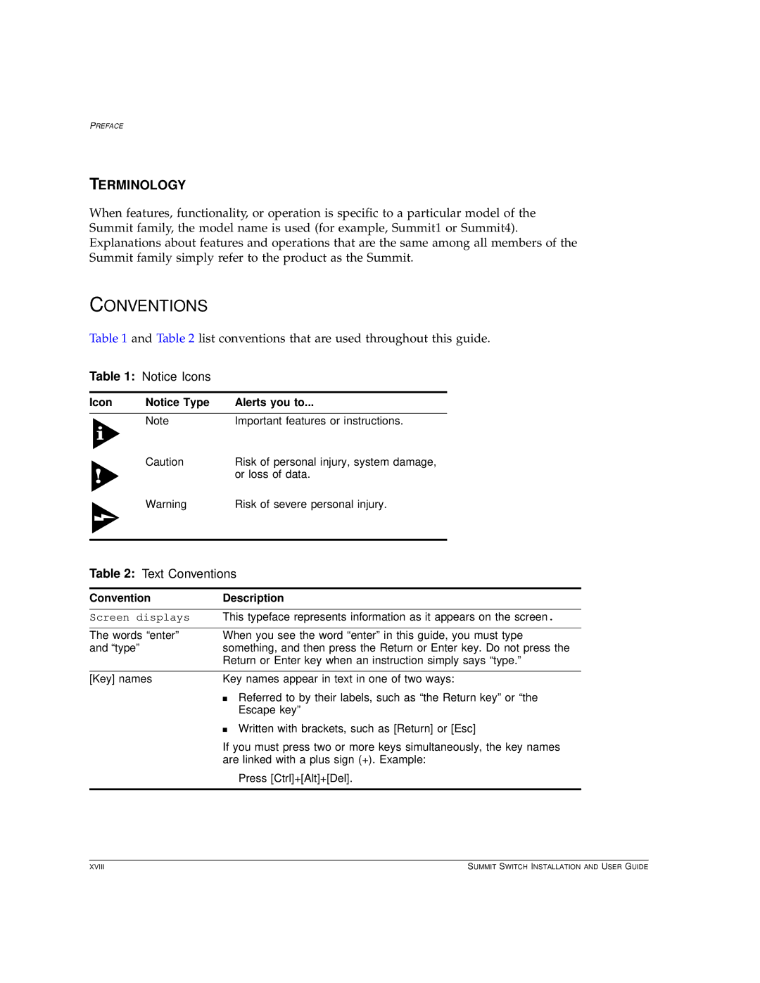 Extreme Networks Summit1 manual Terminology, Text Conventions, Icon Alerts you to, Convention Description 