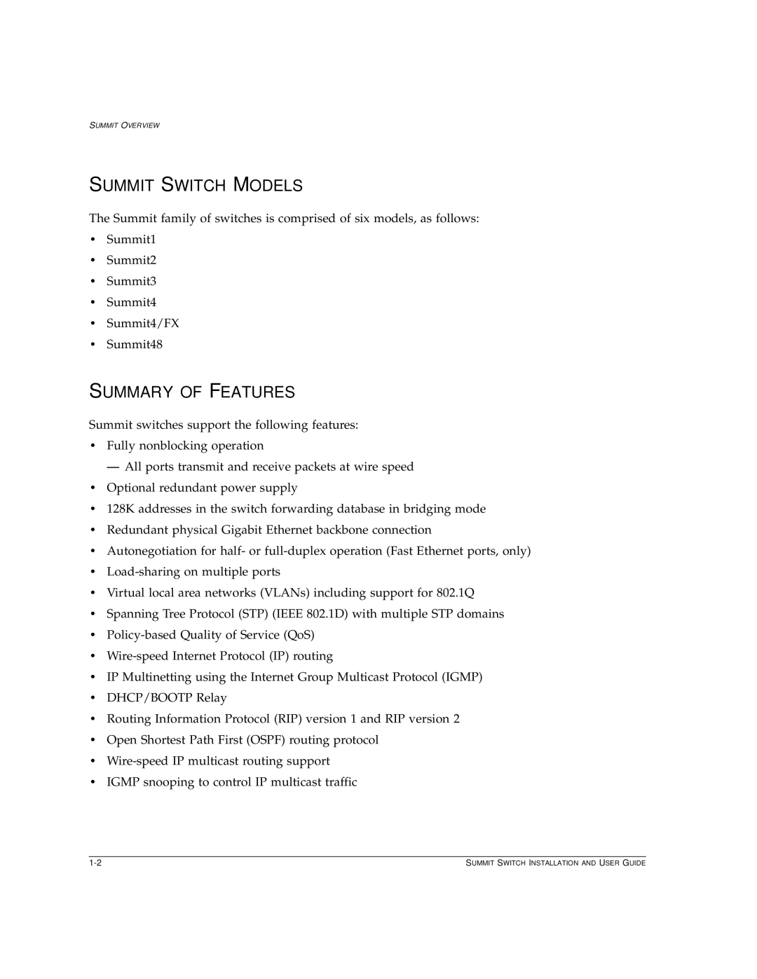 Extreme Networks Summit1 manual Summit Switch Models, Summary of Features 