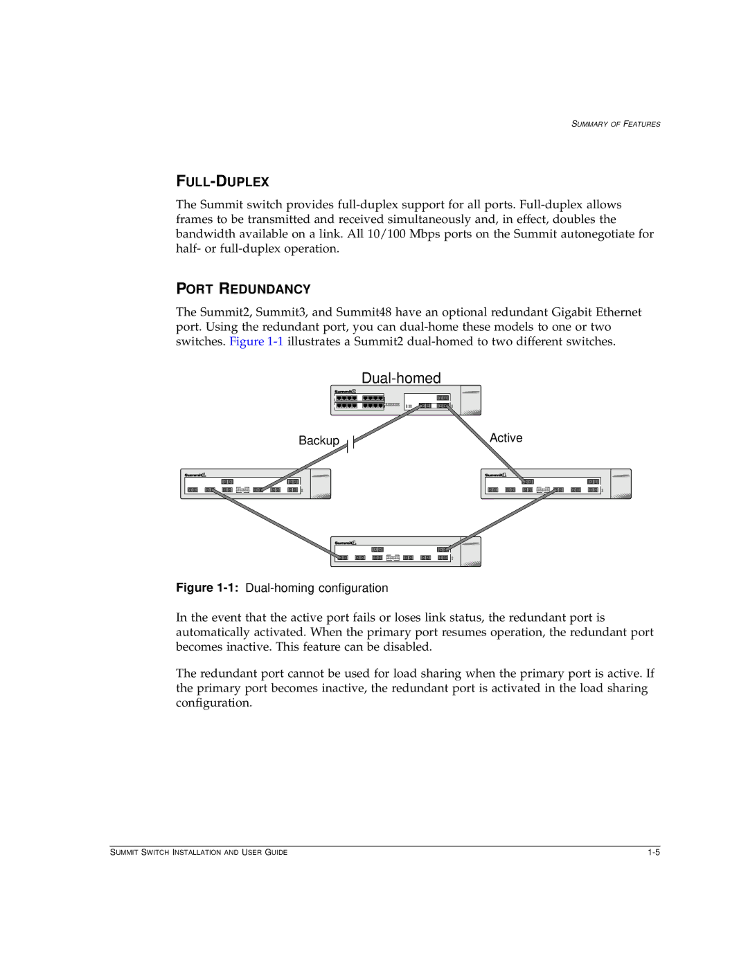 Extreme Networks Summit1 manual Full-Duplex, Port Redundancy, Backup Active 