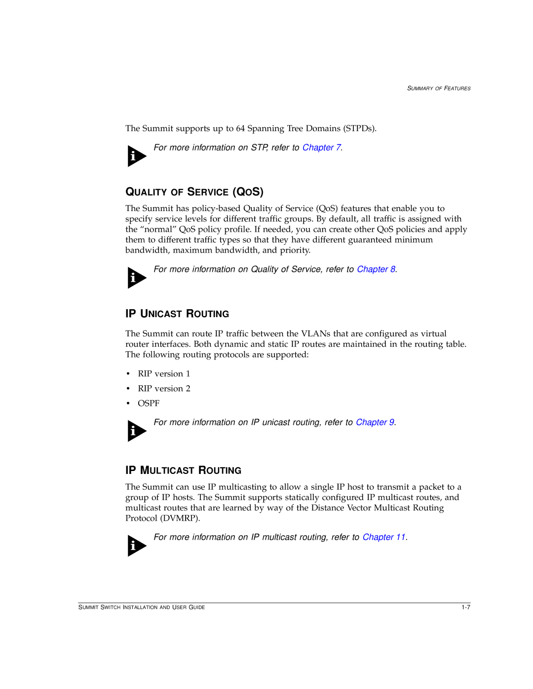 Extreme Networks Summit1 manual Quality of Service QOS, IP Unicast Routing, IP Multicast Routing 