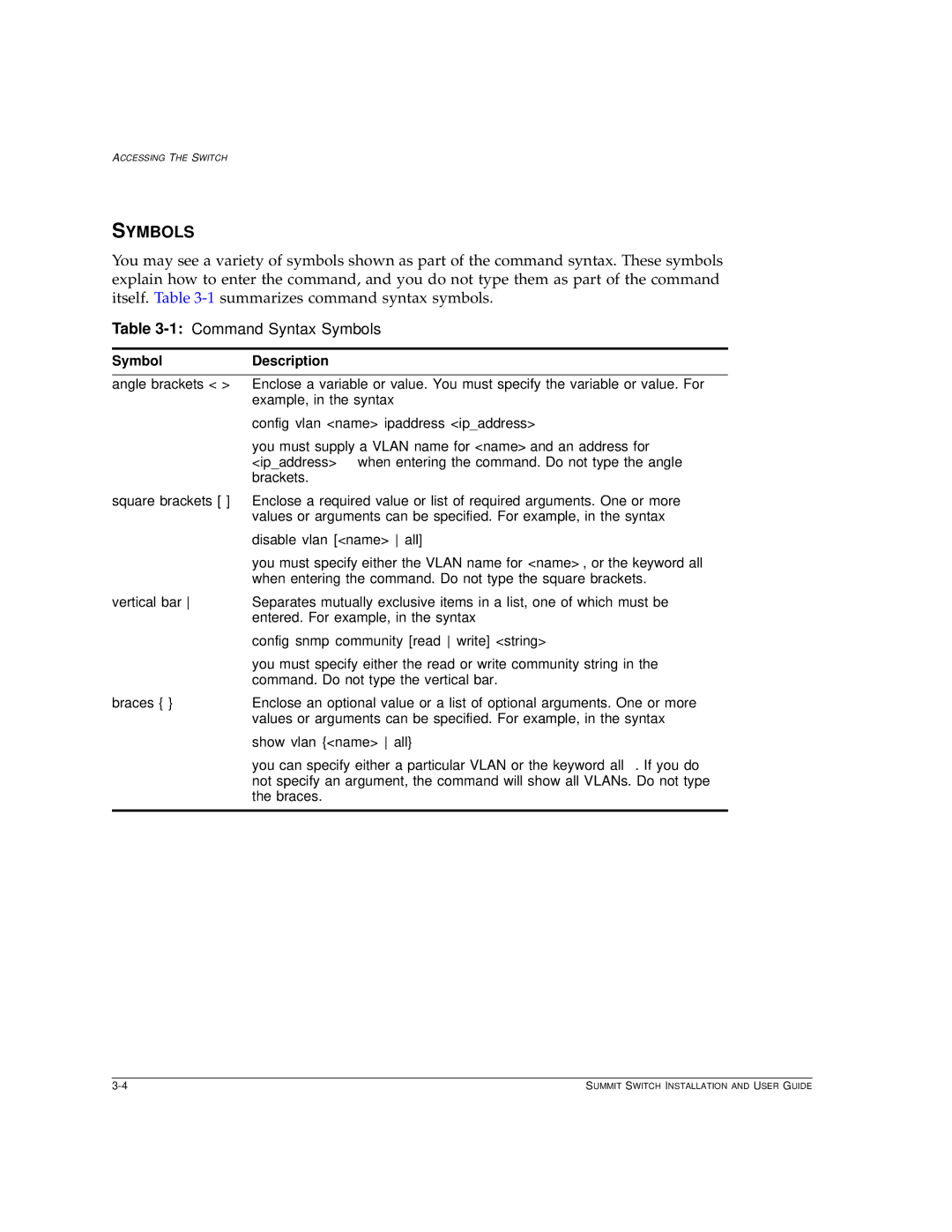 Extreme Networks Summit1 manual 1Command Syntax Symbols, SymbolDescription 