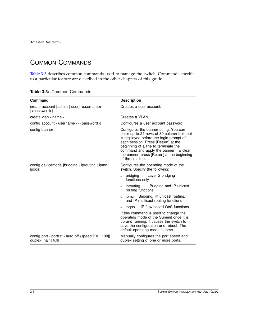 Extreme Networks Summit1 manual 3Common Commands, Command Description 