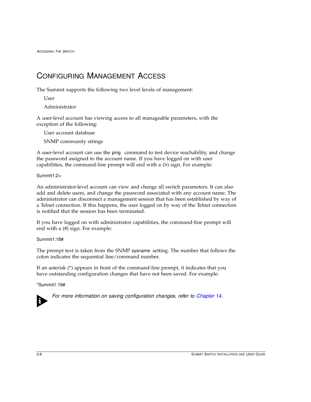 Extreme Networks Summit1 manual Configuring Management Access 