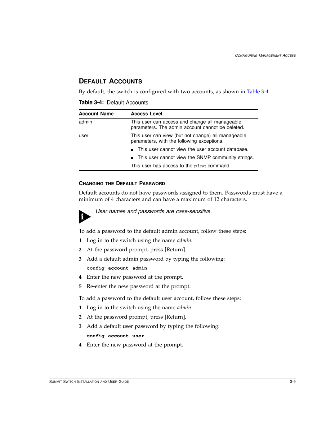 Extreme Networks Summit1 manual 4Default Accounts, Account Name Access Level 