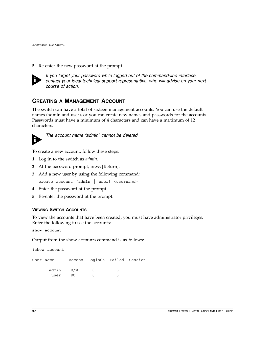 Extreme Networks Summit1 manual Creating a Management Account, Account name admin cannot be deleted 