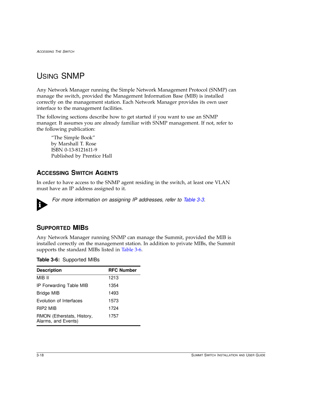 Extreme Networks Summit1 manual Accessing Switch Agents, Supported Mibs, 6Supported MIBs, Description RFC Number 