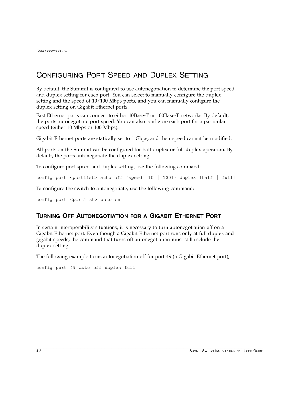 Extreme Networks Summit1 manual Configuring Port Speed and Duplex Setting 