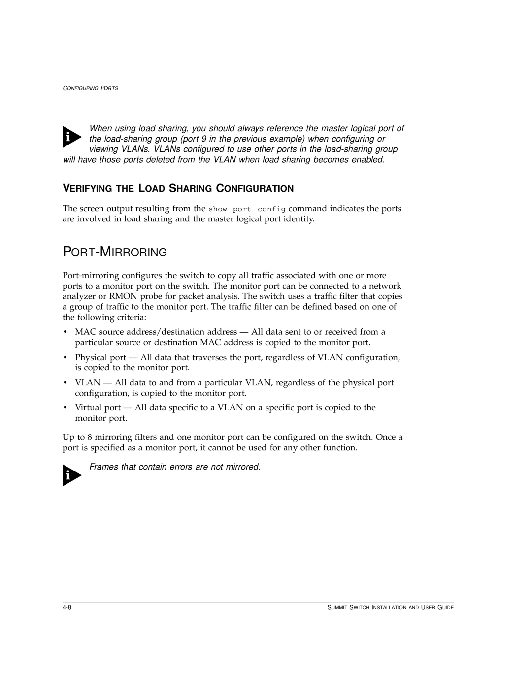 Extreme Networks Summit1 manual Port-Mirroring, Verifying the Load Sharing Configuration 