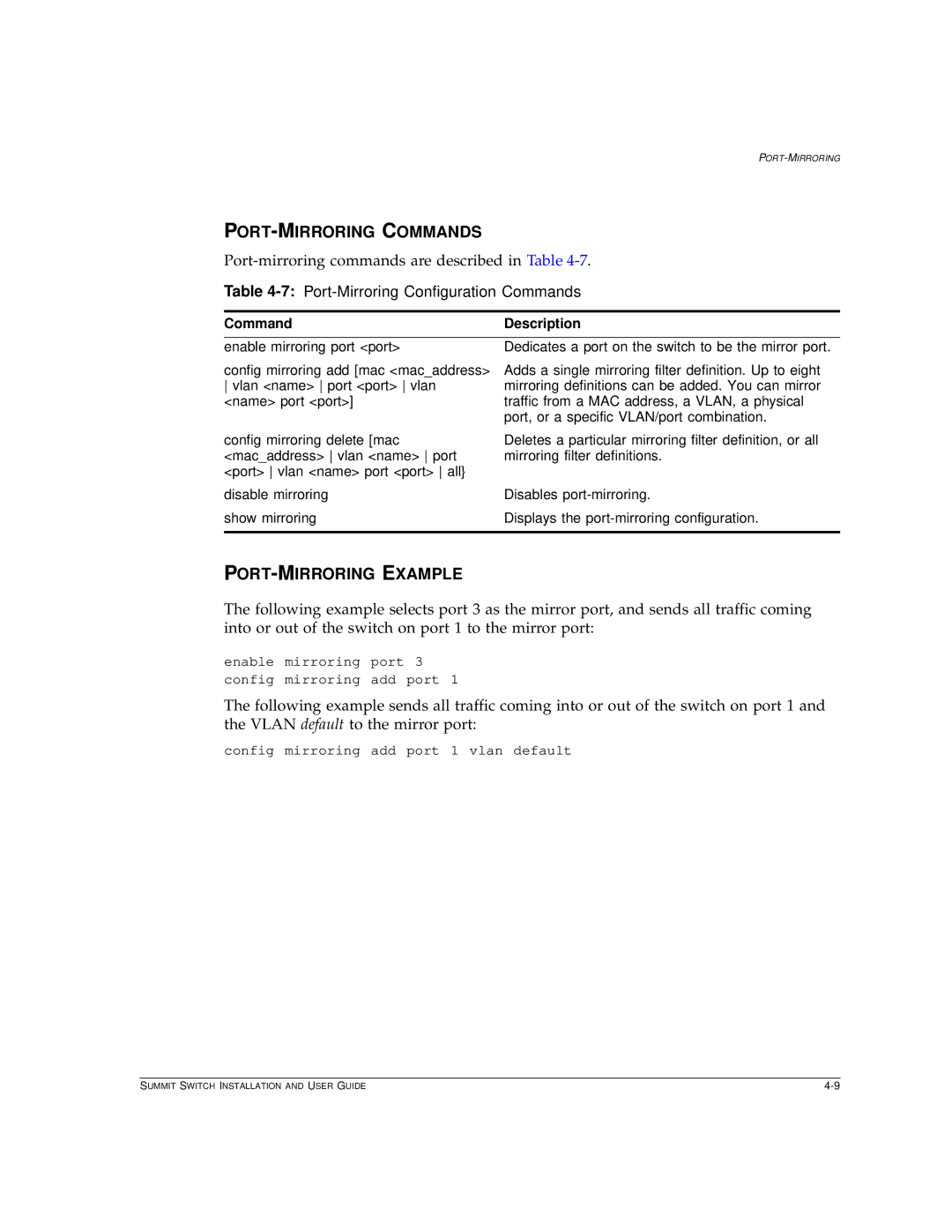 Extreme Networks Summit1 manual PORT-MIRRORING Commands, PORT-MIRRORING Example, 7Port-Mirroring Configuration Commands 